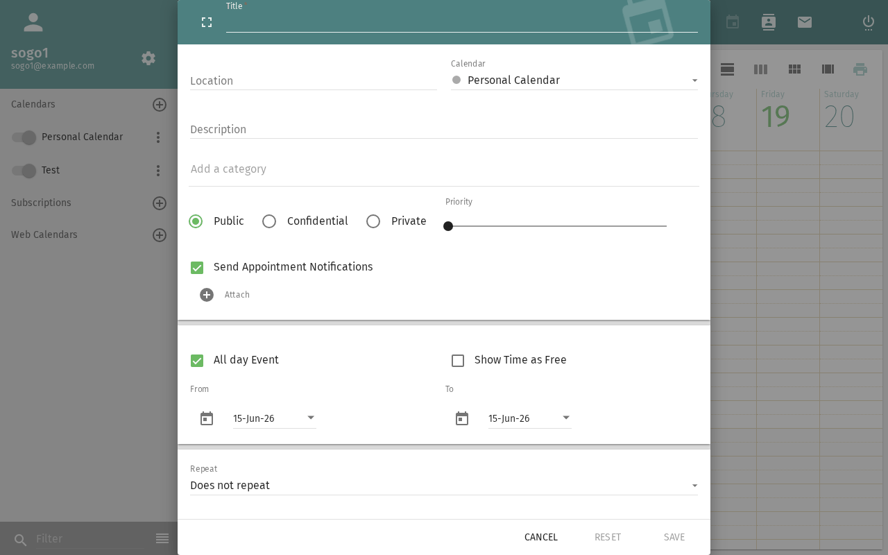 Event dialog with attendee options