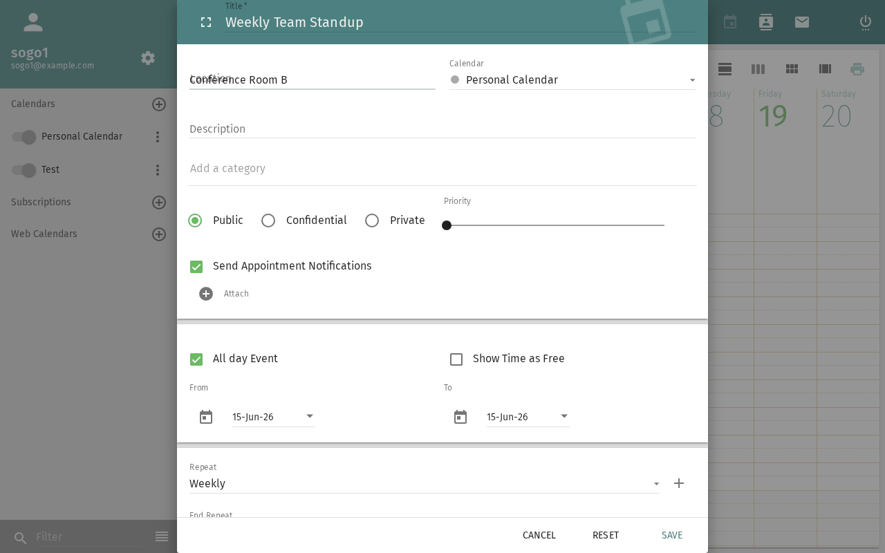 Recurrence options in event dialog