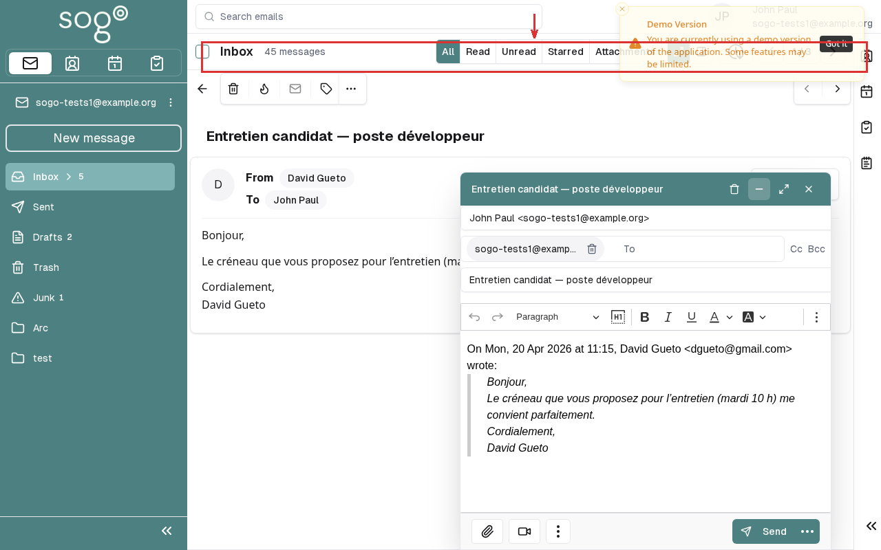 Reply, forward, and delete actions in the toolbar