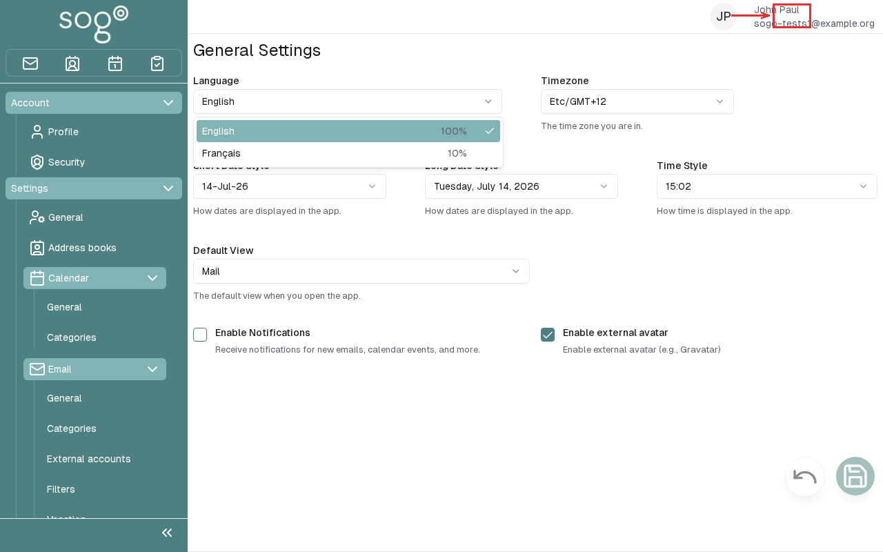 Preferences settings page